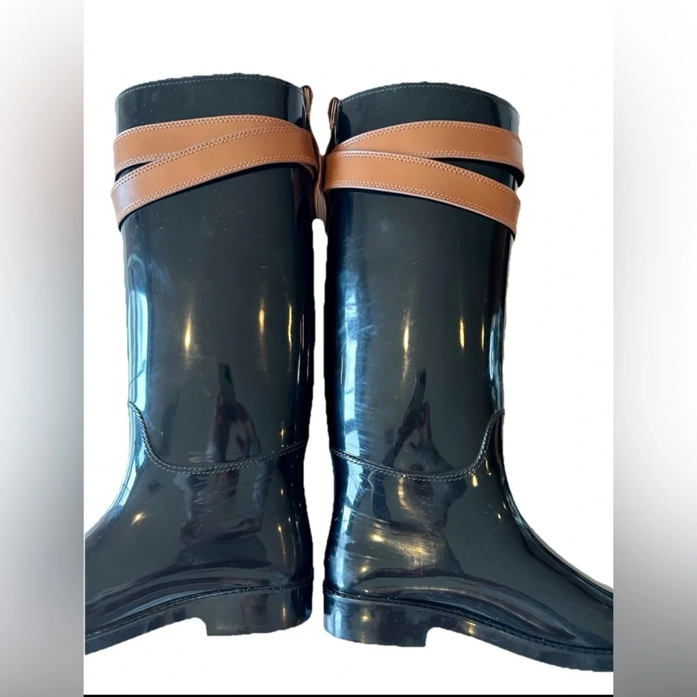 Coach Talia Knee High Rain Boots 9 Glossy Black Brown Buckle Preppy Outdoors